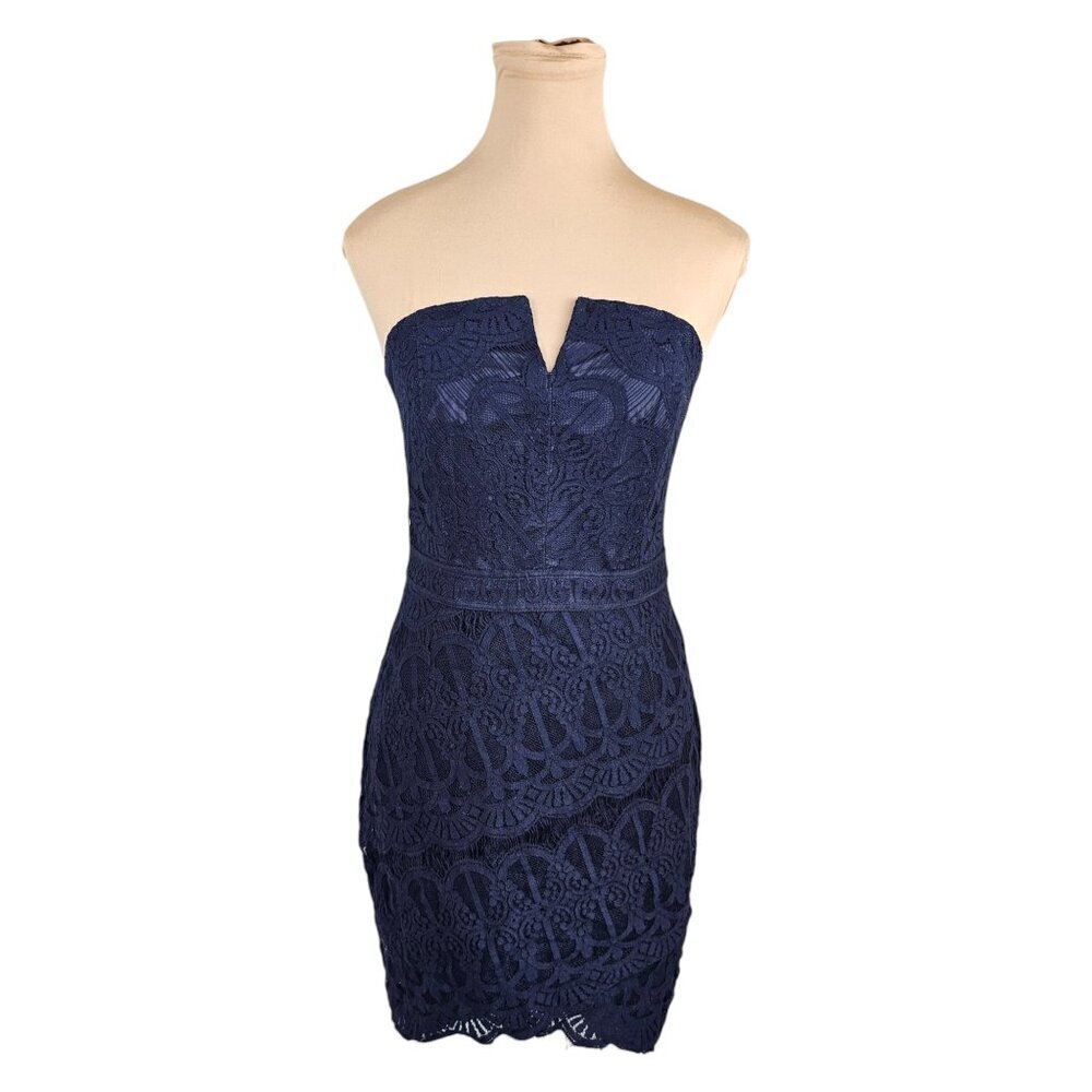 Adelyn Rae Dark Navy Blue Lace Strapless Mini Dress Boned Corset Sz S
